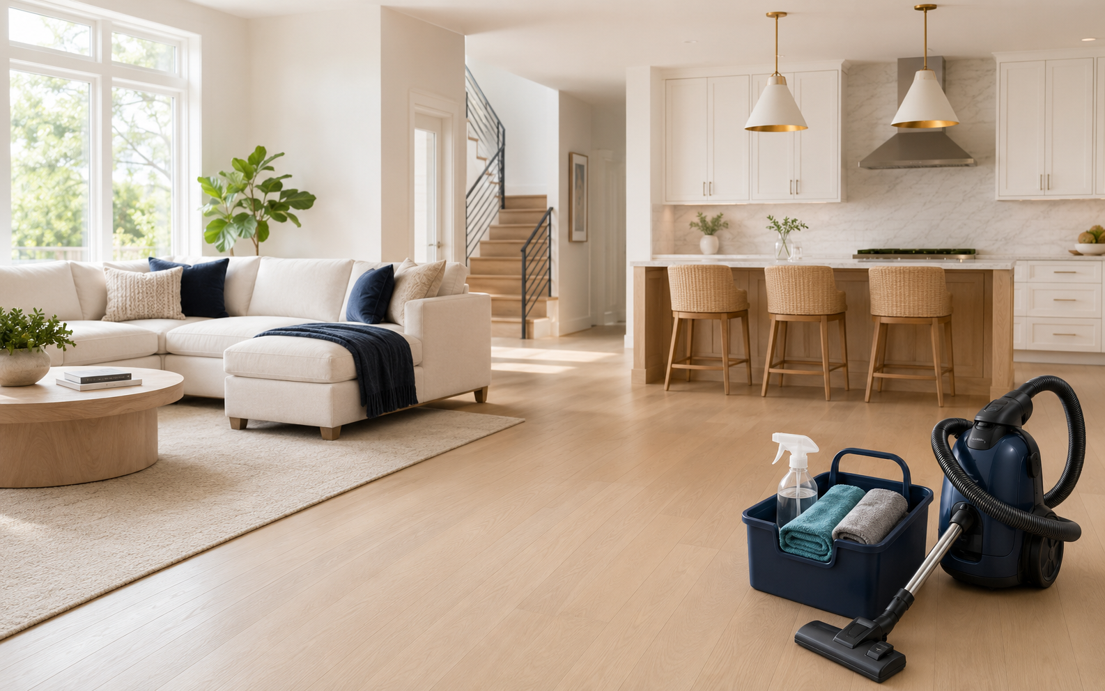 Bright clean home with professional cleaning equipment